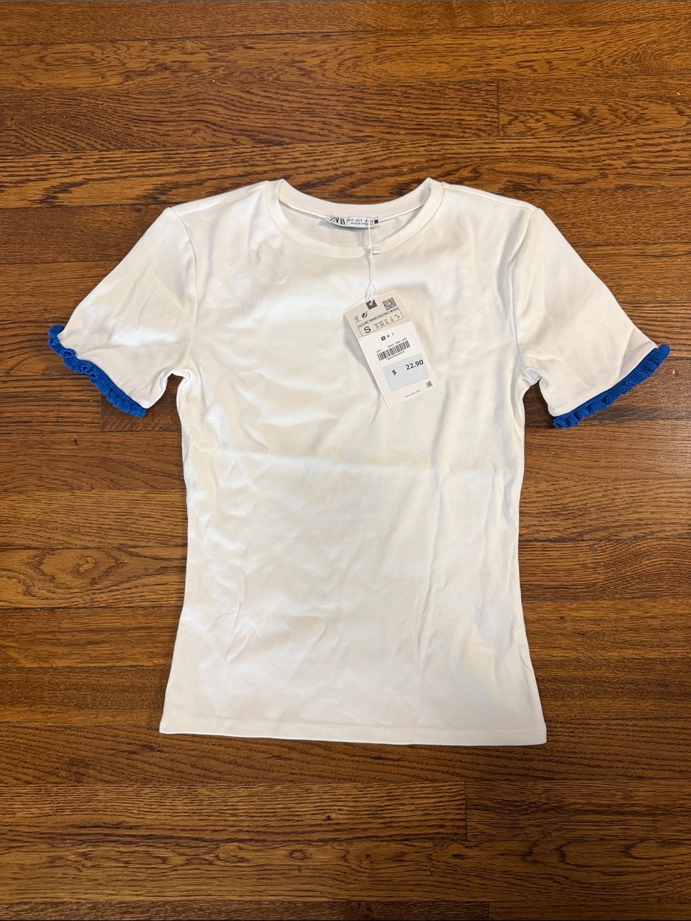 Zara White Short Sleeve Tee with Blue Trim